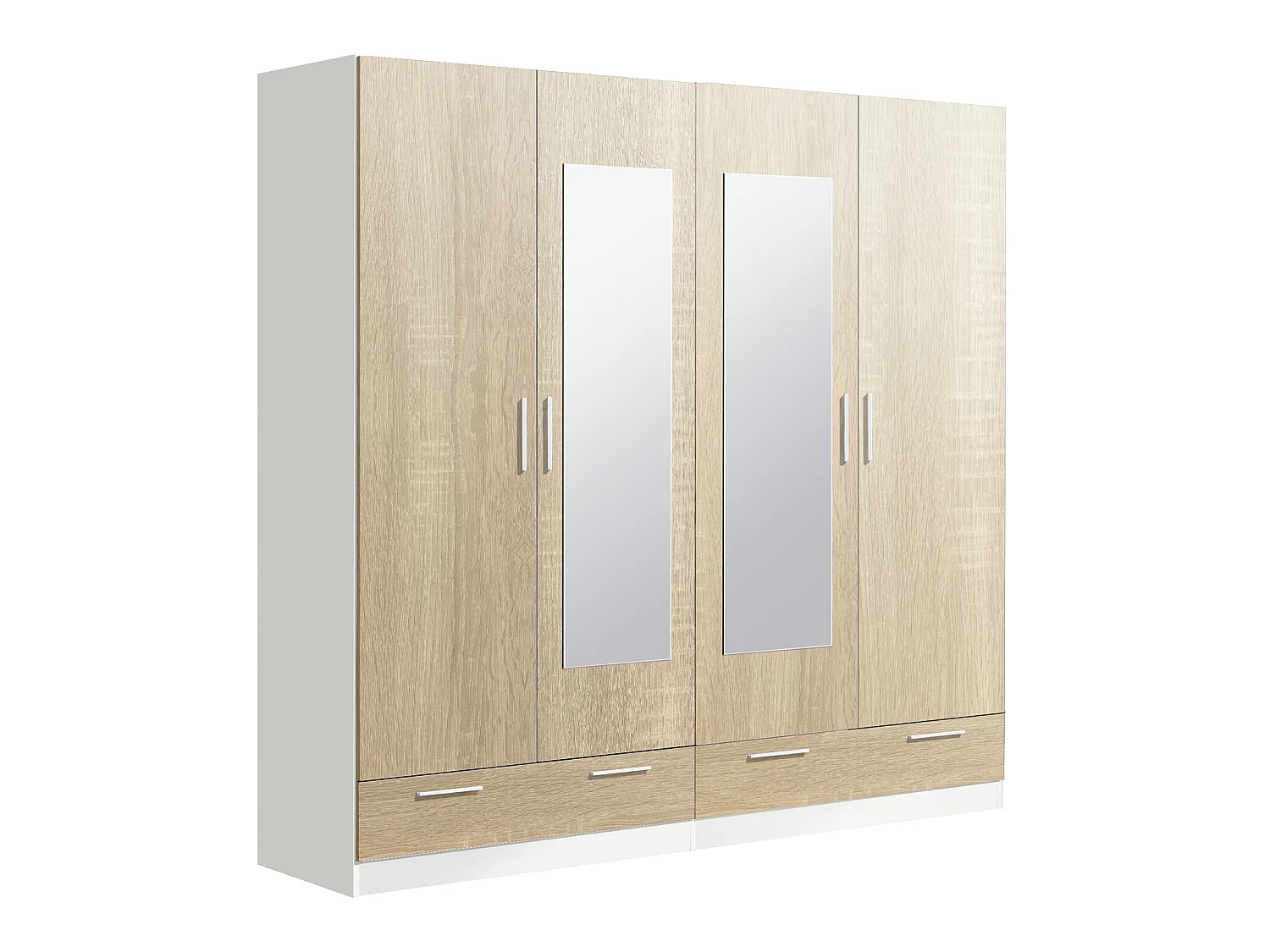 Armoire / placard de rangement de 4 portes avec miroirs + 2 tiroirs coloris Blanc / Chêne Cambrian -longueur 202 x profondeur 51 x hauteur 200 cm