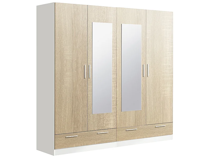 Armoire / placard de rangement de 4 portes avec miroirs + 2 tiroirs coloris Blanc / Chêne Cambrian -longueur 202 x profondeur 51 x hauteur 200 cm