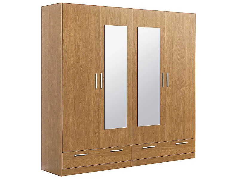 Armoire / placard de rangement de 4 portes + 2 tiroirs avec miroirs coloris Merisier - longueur 202 x profondeur 51 x hauteur 200 cm