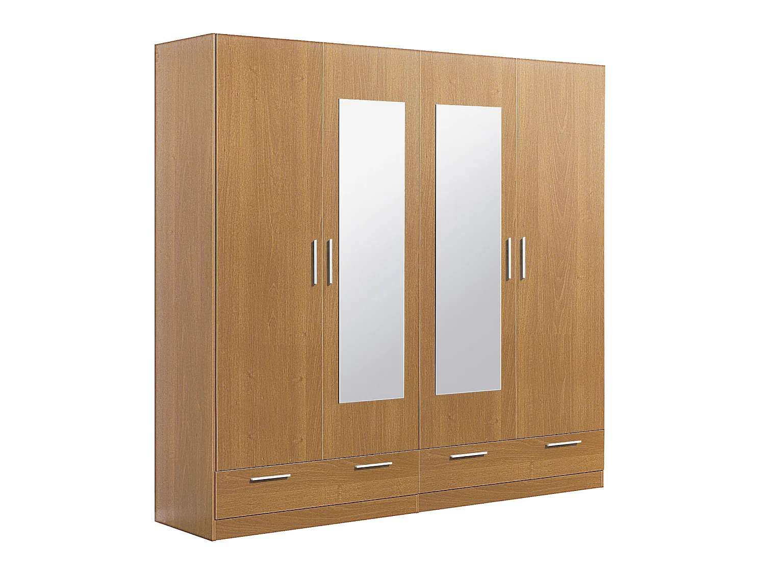 Armoire / placard de rangement de 4 portes + 2 tiroirs avec miroirs coloris Merisier - longueur 202 x profondeur 51 x hauteur 200 cm