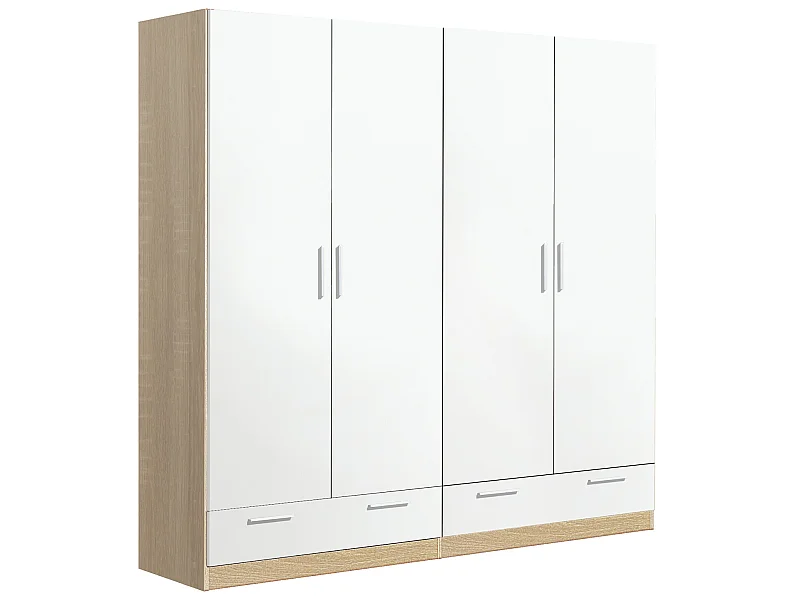 Armoire / placard de rangement de 4 portes + 2 tiroirs coloris Chêne Cambrian / Blanc - longueur 202 x profondeur 51 x hauteur 200 cm