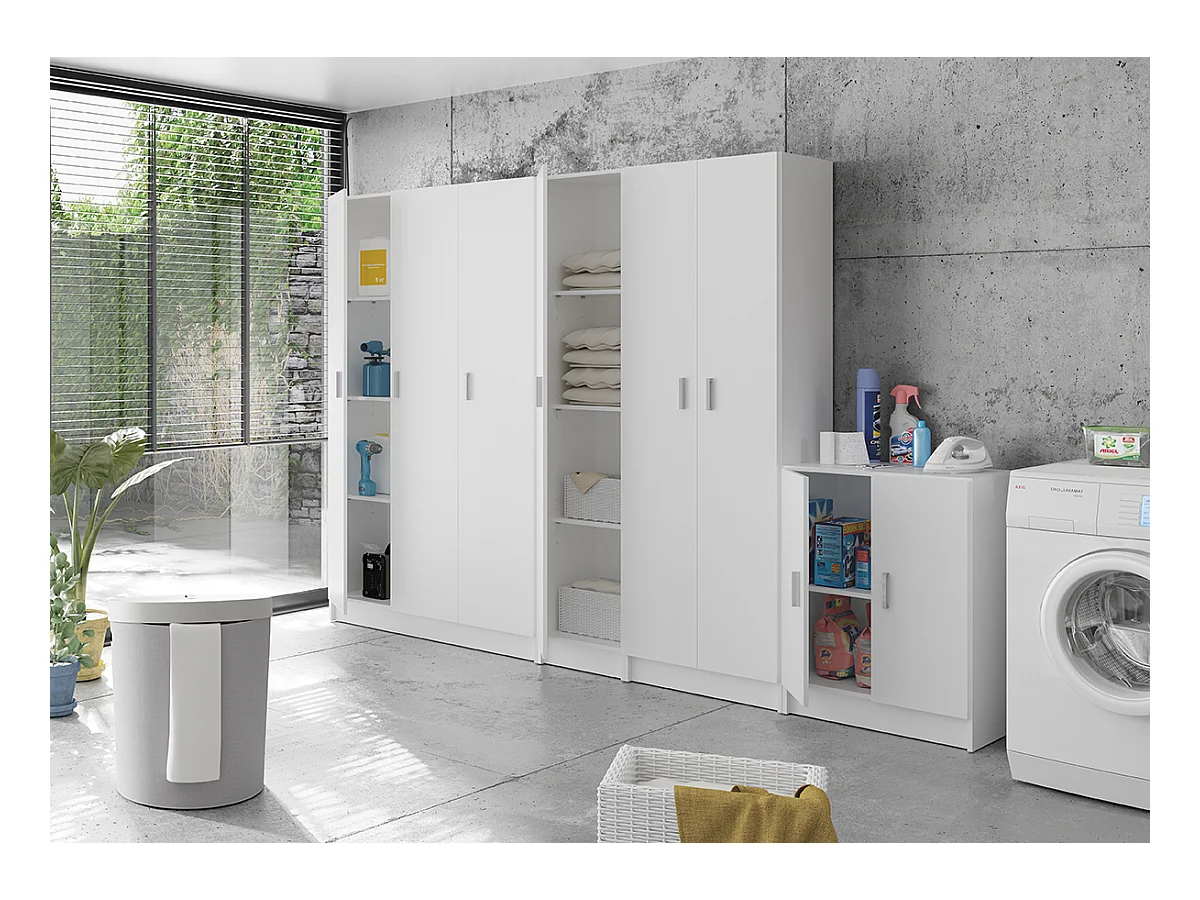 Armoire rangement nettoyage 3 portes en mélamine coloris blanc - Dim : H180 x L108,8 x P37 cm