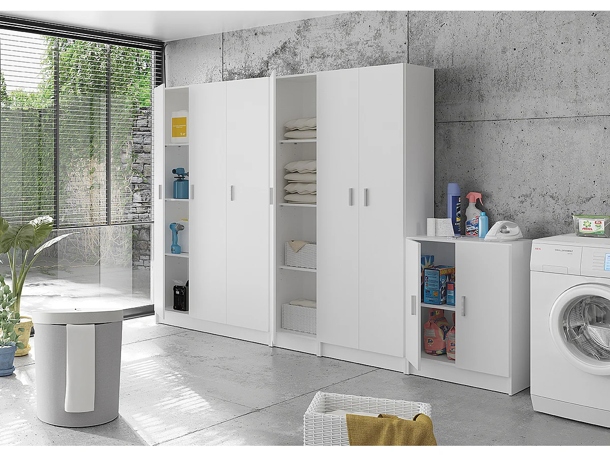 Armoire rangement nettoyage 3 portes en mélamine coloris blanc - Dim : H180 x L108,8 x P37 cm