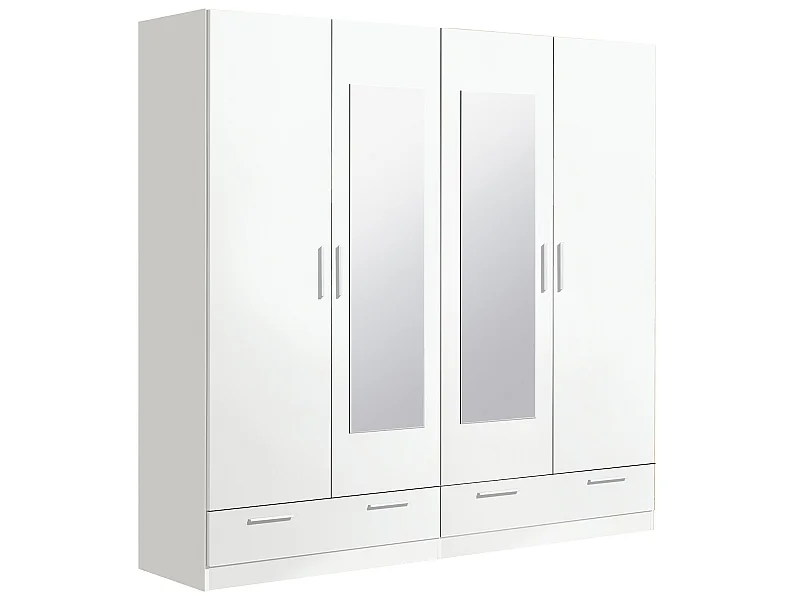 Armoire / placard de rangement de 4 portes + 2 tiroirs avec miroirs coloris blanc -longueur 202 x profondeur 51 x hauteur 200 cm