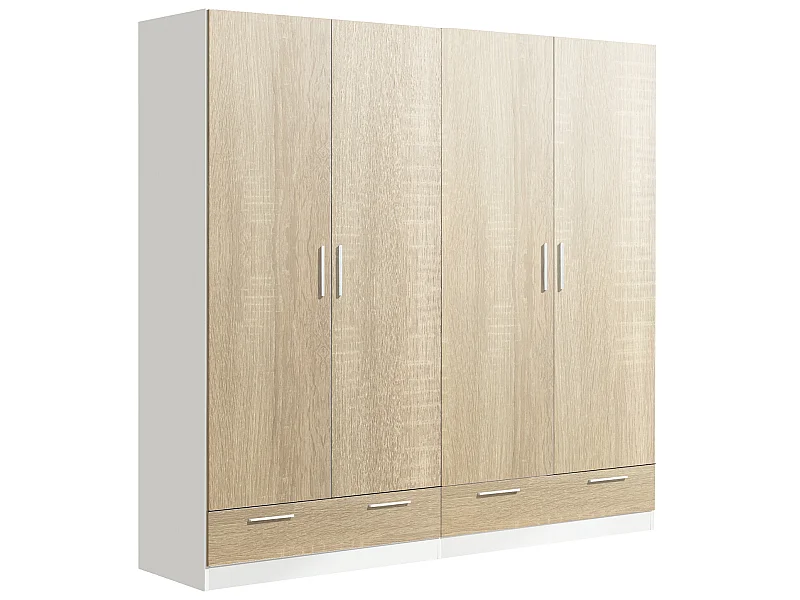 Armoire / placard de rangement de 4 portes + 2 tiroirs coloris Blanc / Chêne Cambrian - longueur 202 x profondeur 51 x hauteur 200 cm