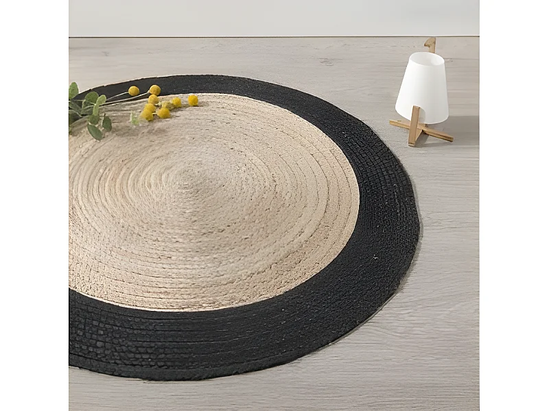 Tapis rond en jute naturel et noir - Diamètre : 120 cm