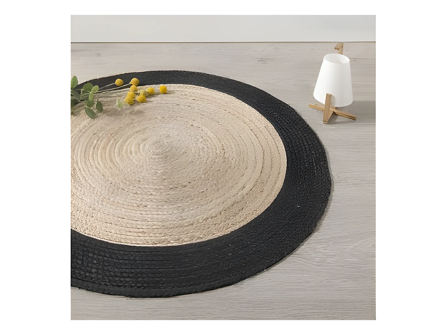 Tapis rond en jute naturel et noir - Diamètre : 120 cm