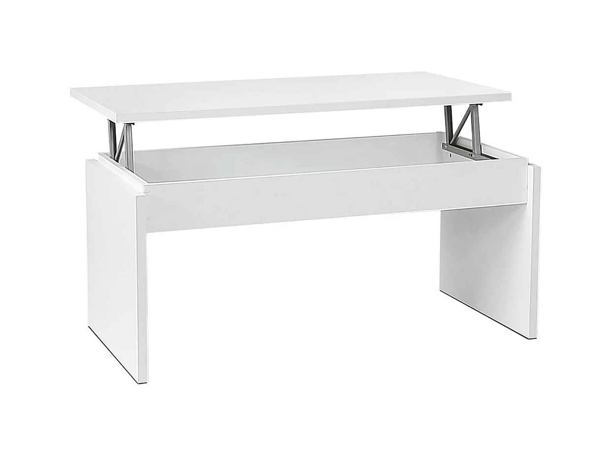 Table basse, table de salon relevable en bois coloris blanc - L. 105 x P. 55 x H. 51/63 cm