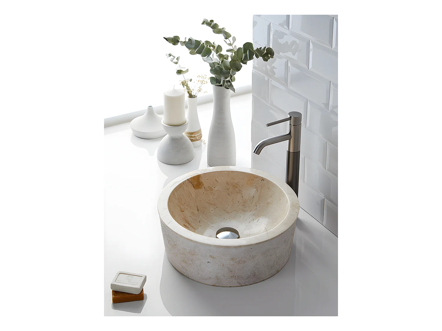 Vasque à poser / lavabo rond en marbre coloris beige - Diamètre 40 x Hauteur 15 cm