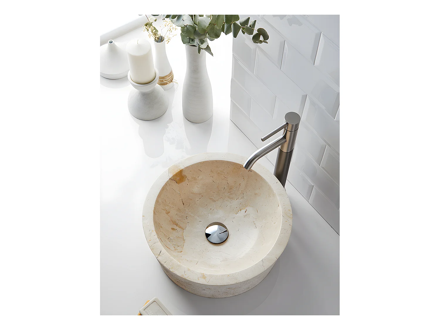 Vasque à poser / lavabo rond en marbre coloris beige - Diamètre 40 x Hauteur 15 cm