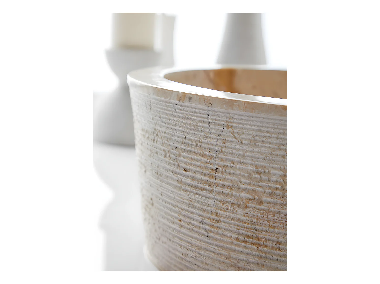 Vasque à poser / lavabo rond en marbre coloris beige - Diamètre 40 x Hauteur 15 cm