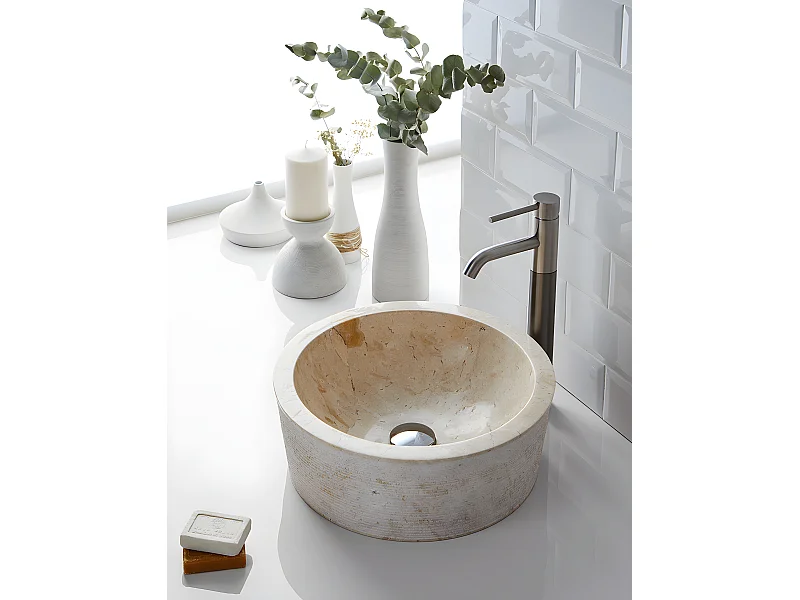 Vasque à poser / lavabo rond en marbre coloris beige - Diamètre 40 x Hauteur 15 cm