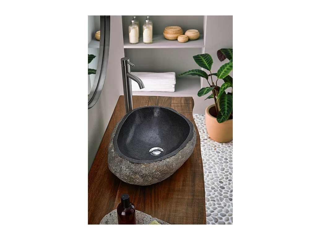 Vasque à poser / lavabo en pierre naturelle coloris Gris - Longueur 45 x Hauteur 15 x Profondeur 40 cm