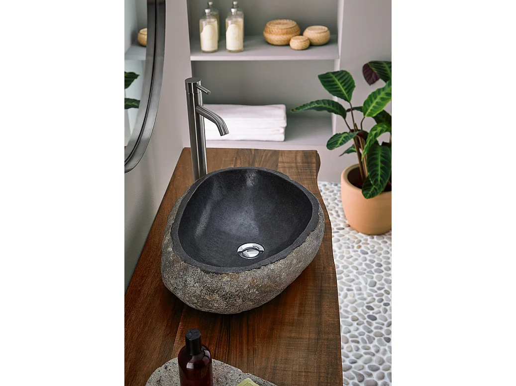 Vasque à poser / lavabo en pierre naturelle coloris Gris - Longueur 45 x Hauteur 15 x Profondeur 40 cm