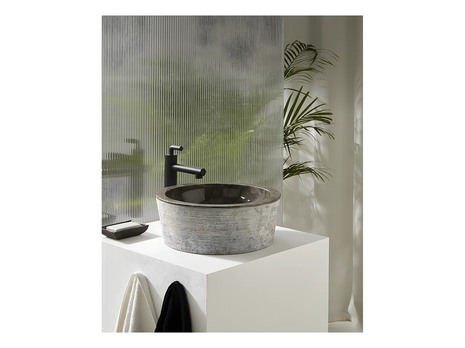 Vasque à poser / lavabo en marbre coloris gris - Diamètre 40 x Hauteur 15 cm