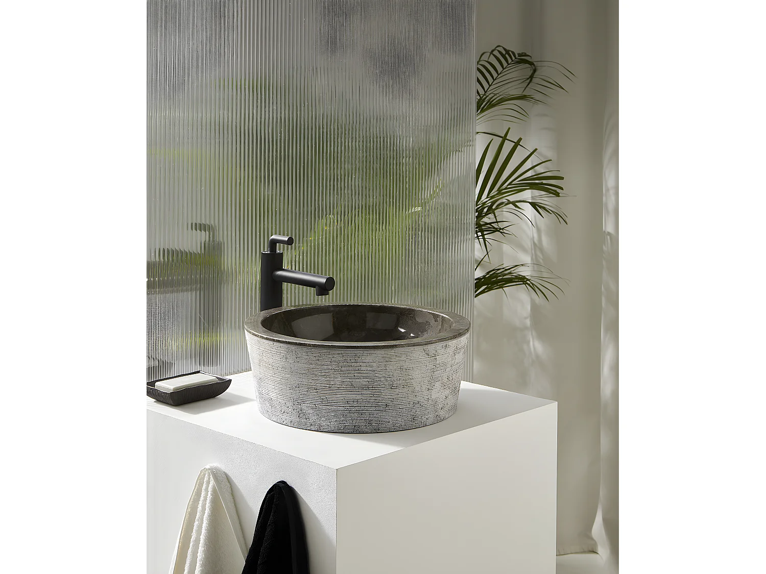 Vasque à poser / lavabo en marbre coloris gris - Diamètre 40 x Hauteur 15 cm