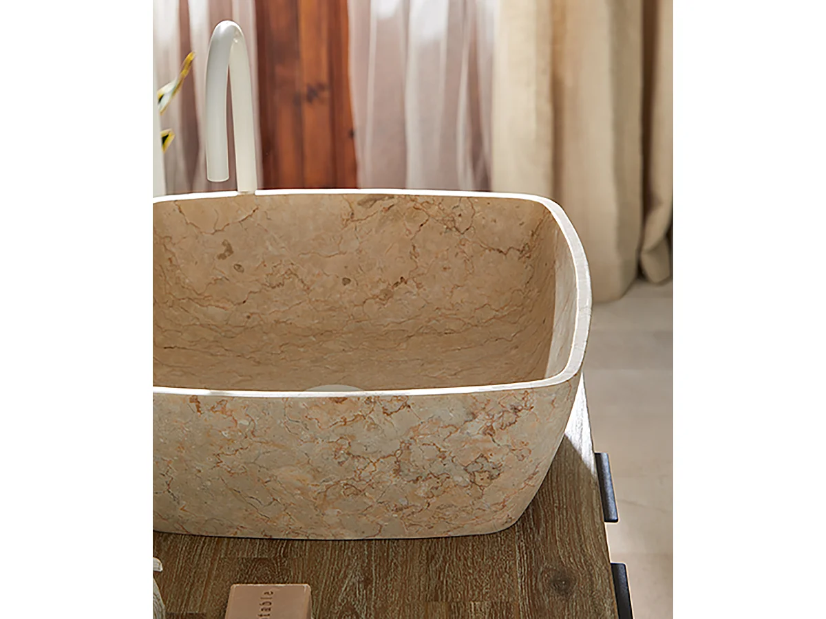 Vasque à poser / lavabo en marbre coloris beige - Longueur 40 x Hauteur 15 x Profondeur 40 cm