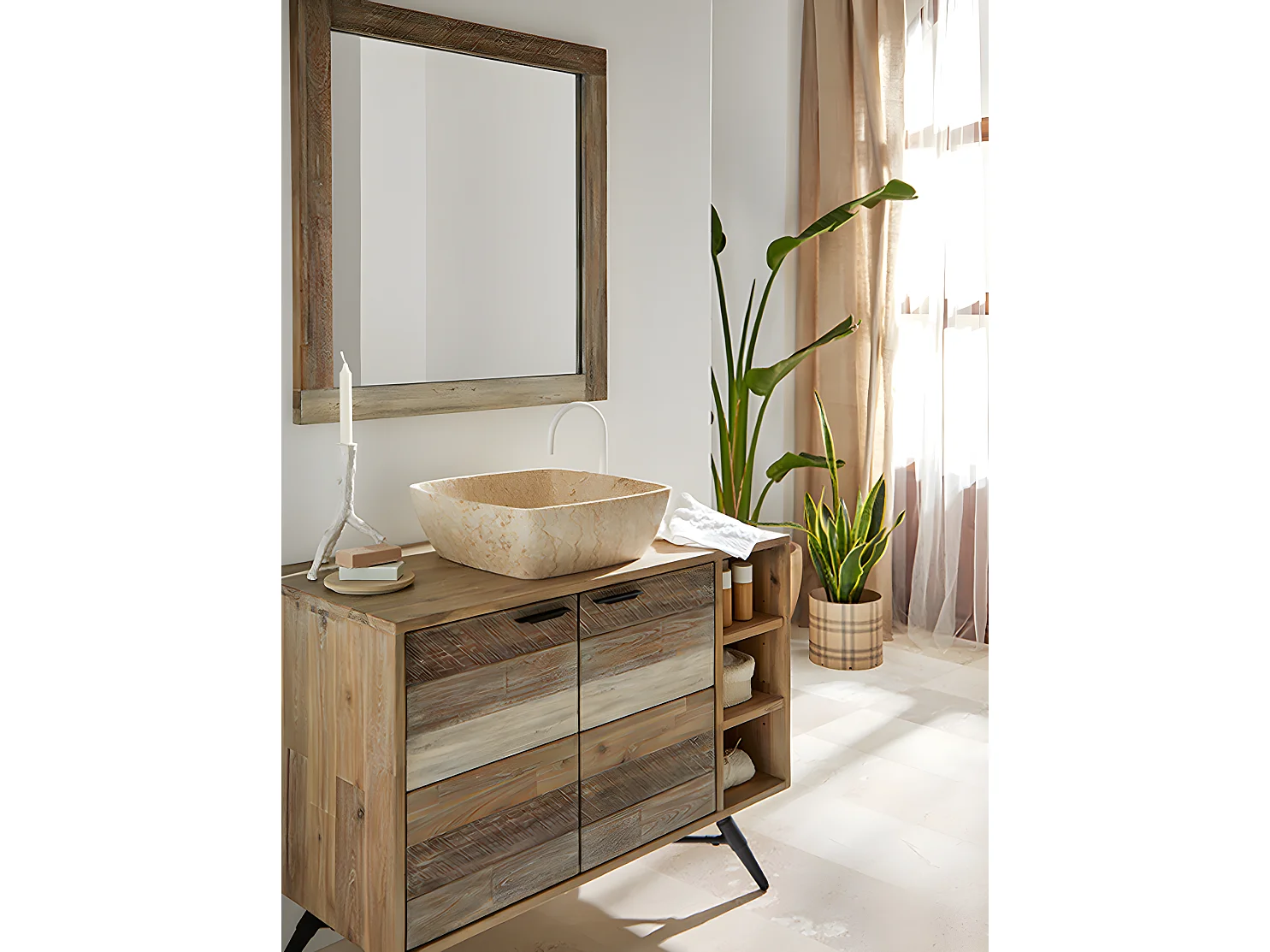 Vasque à poser / lavabo en marbre coloris beige - Longueur 40 x Hauteur 15 x Profondeur 40 cm