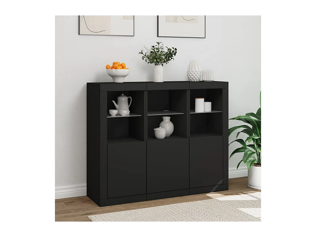 Buffets avec lumières LED 3 pcs noir bois d'ingénierie