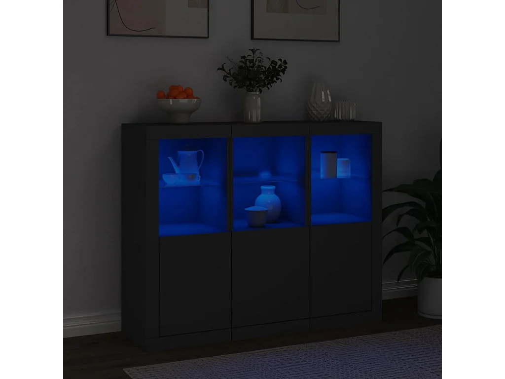 Buffets avec lumières LED 3 pcs noir bois d'ingénierie