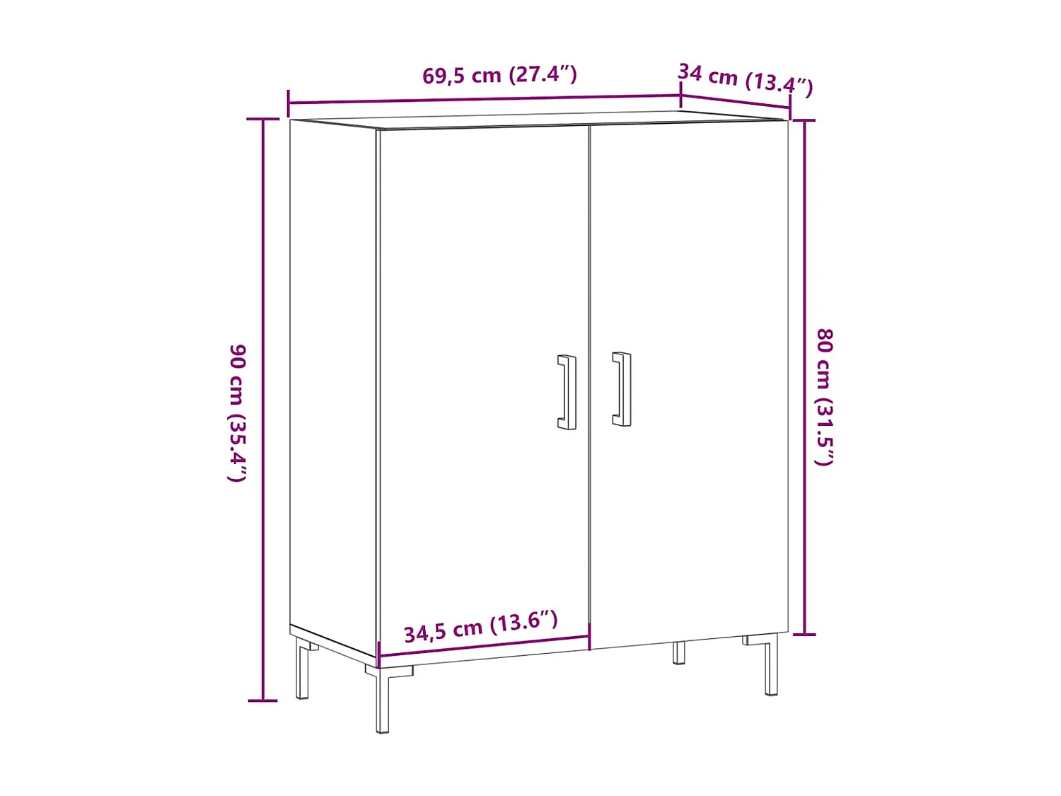 Oud houten dressoir 69,5x34x90 cm bewerkt hout