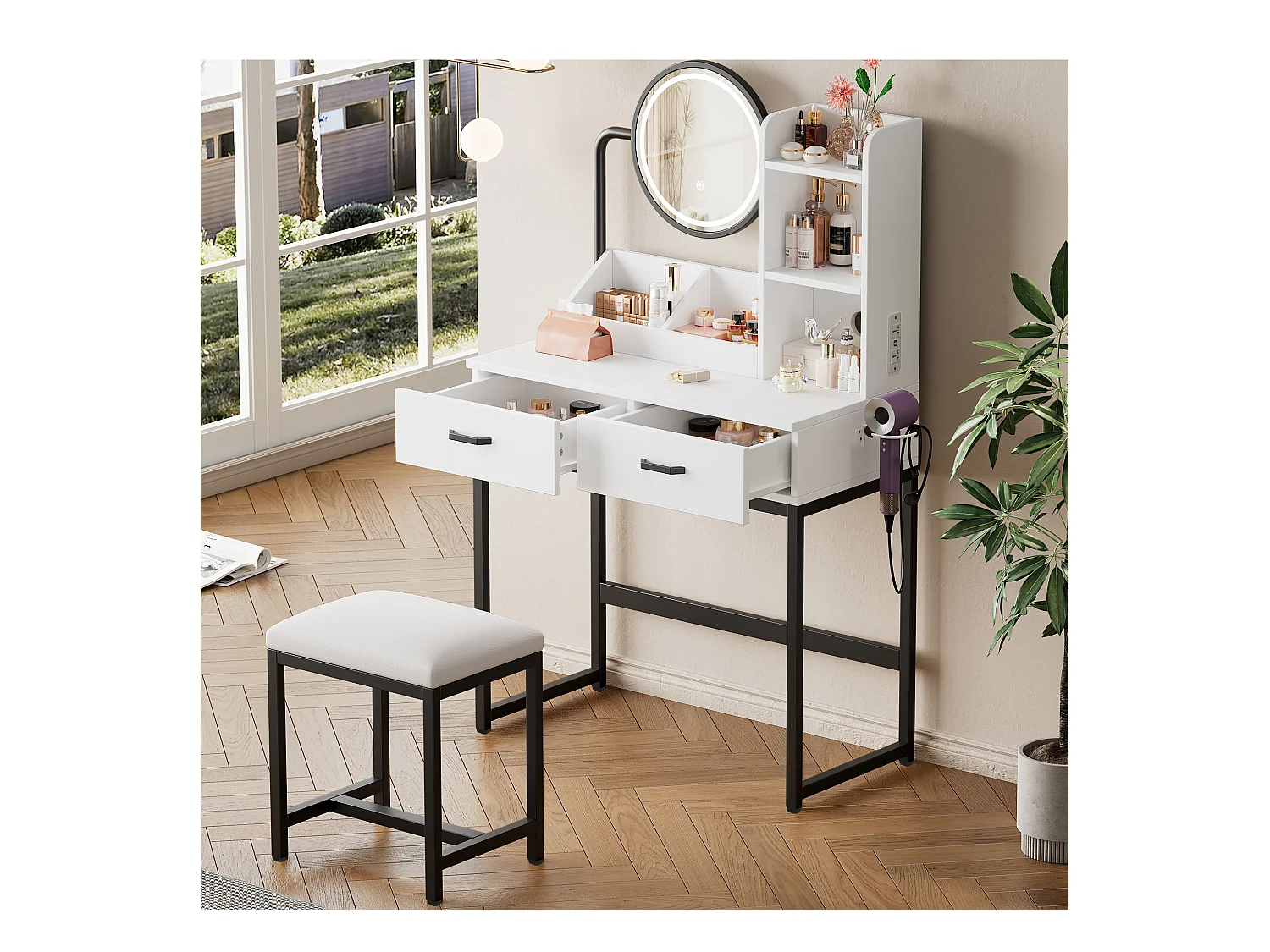 Meuble coiffeuse blanche avec 1 tabouret, 2 tiroirs et lumières LED Pieds en métal noir 80×40x138,5 cm