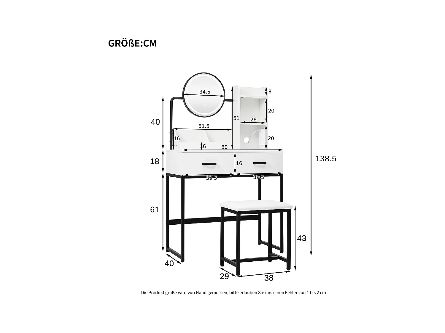 Meuble coiffeuse blanche avec 1 tabouret, 2 tiroirs et lumières LED Pieds en métal noir 80×40x138,5 cm