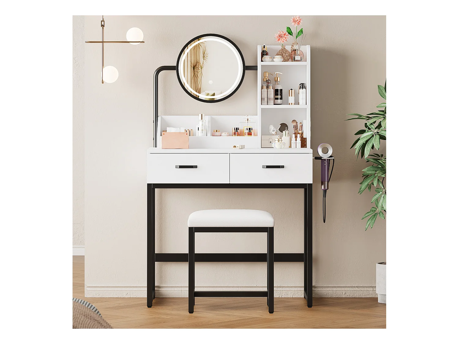 Meuble coiffeuse blanche avec 1 tabouret, 2 tiroirs et lumières LED Pieds en métal noir 80×40x138,5 cm