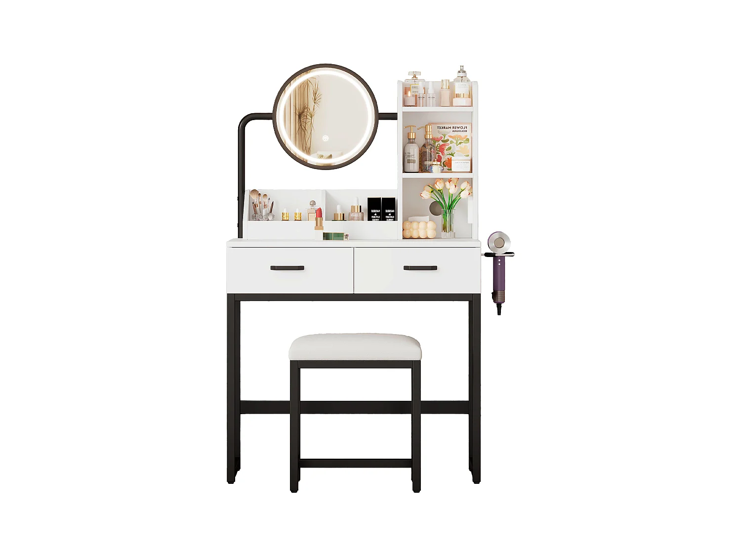 Meuble coiffeuse blanche avec 1 tabouret, 2 tiroirs et lumières LED Pieds en métal noir 80×40x138,5 cm