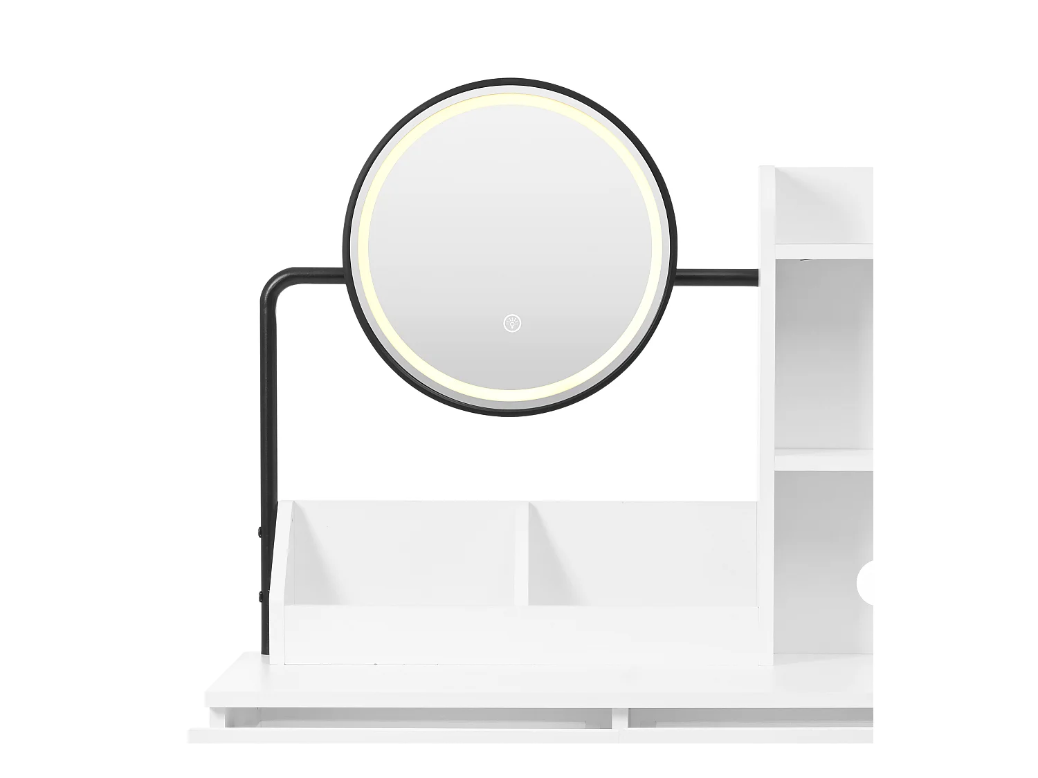 Meuble coiffeuse blanche avec 1 tabouret, 2 tiroirs et lumières LED Pieds en métal noir 80×40x138,5 cm