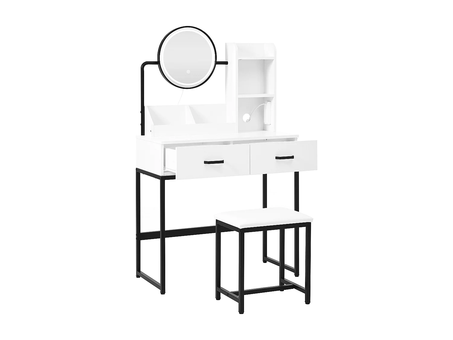 Tocador blanco con 1 taburete, 2 cajones y luces LED Patas de metal negro 80×40x138,5 cm
