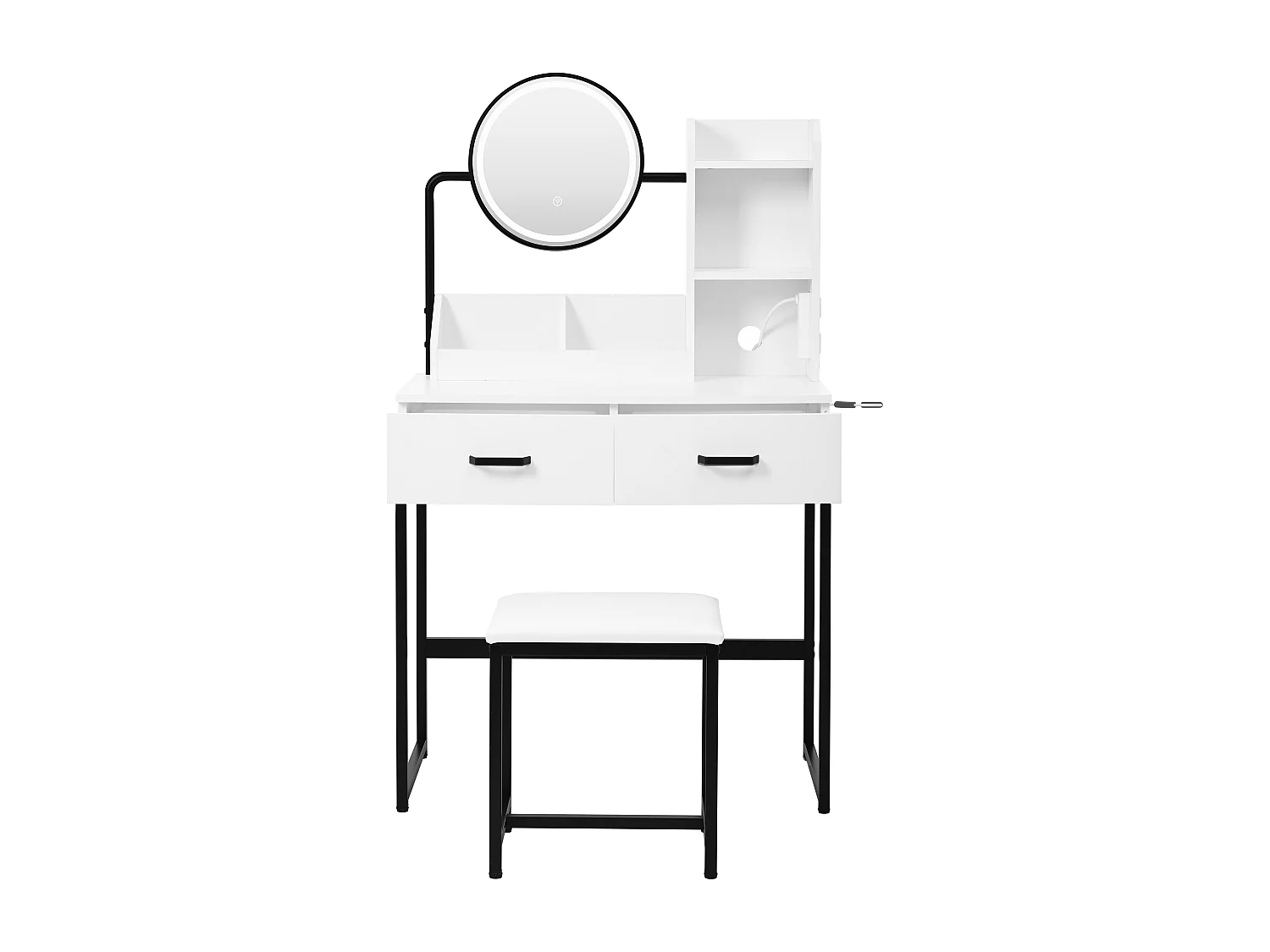 Tocador blanco con 1 taburete, 2 cajones y luces LED Patas de metal negro 80×40x138,5 cm