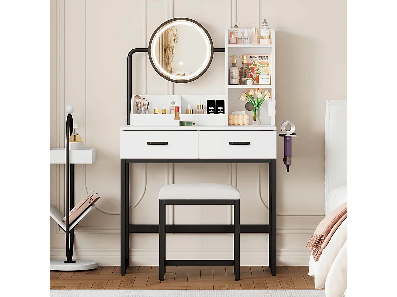 Meuble coiffeuse blanche avec 1 tabouret, 2 tiroirs et lumières LED Pieds en métal noir 80×40x138,5 cm