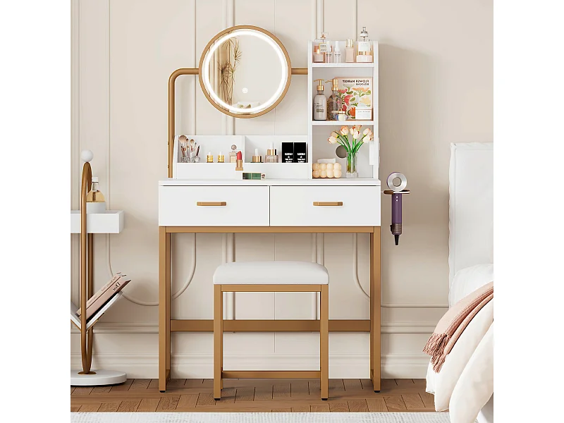 Meuble coiffeuse blanche avec 1 tabouret, 2 tiroirs et lumières LED Pieds en métal doré 80×40x138,5 cm