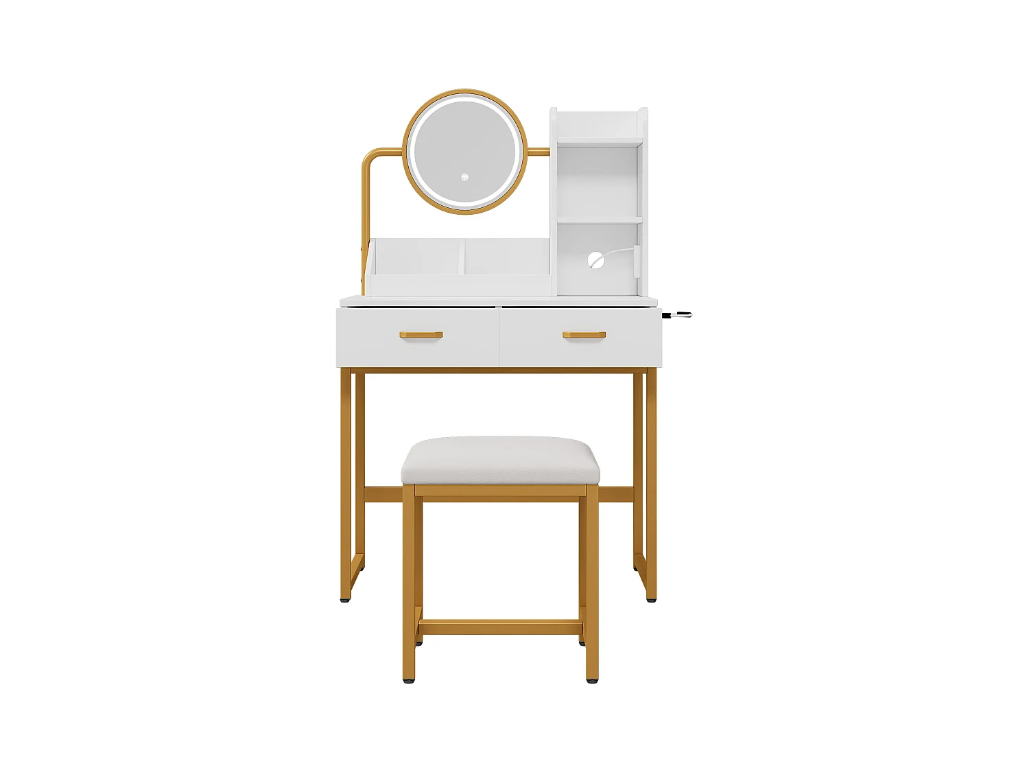Meuble coiffeuse blanche avec 1 tabouret, 2 tiroirs et lumières LED Pieds en métal doré 80×40x138,5 cm