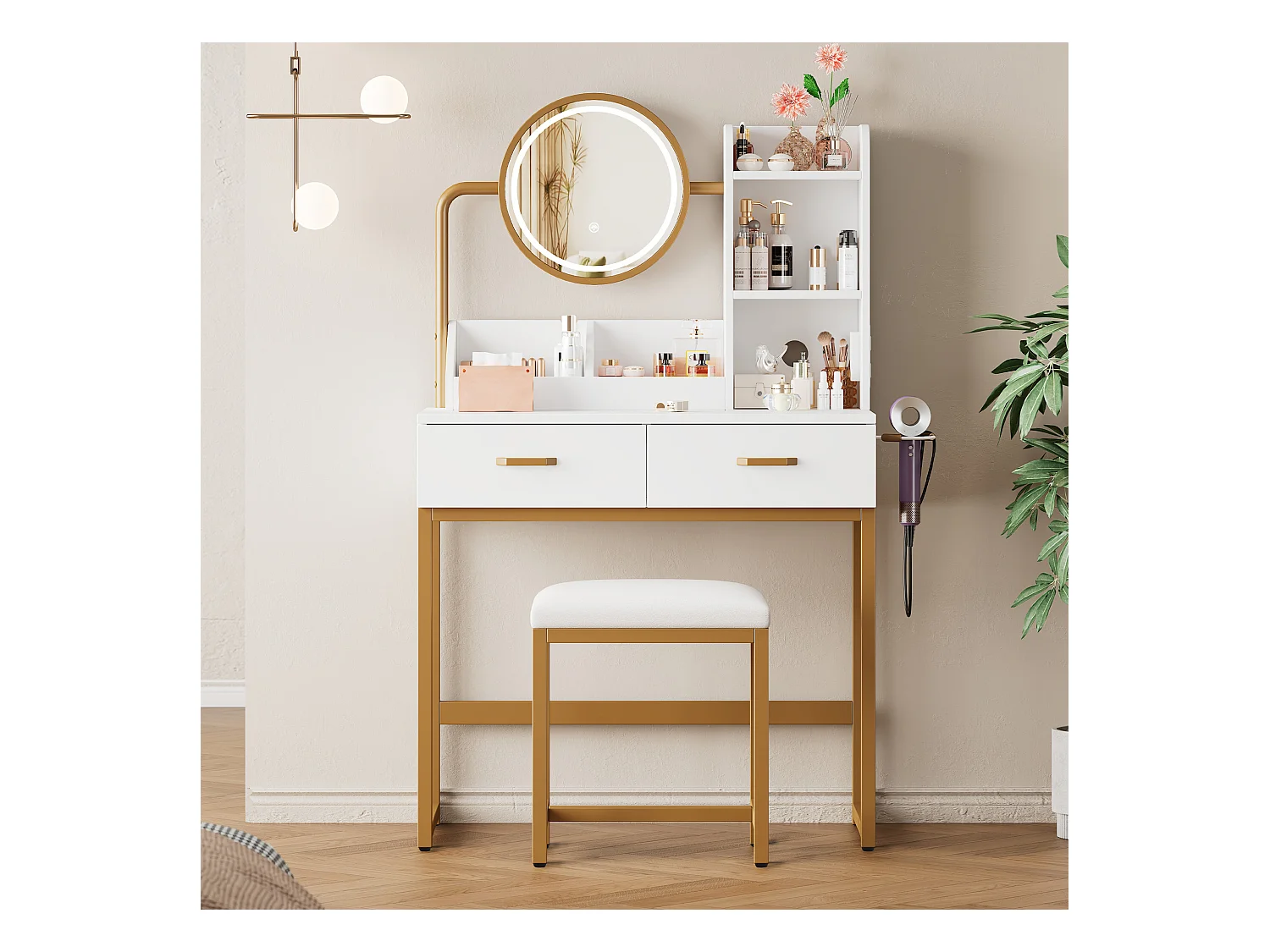 Meuble coiffeuse blanche avec 1 tabouret, 2 tiroirs et lumières LED Pieds en métal doré 80×40x138,5 cm