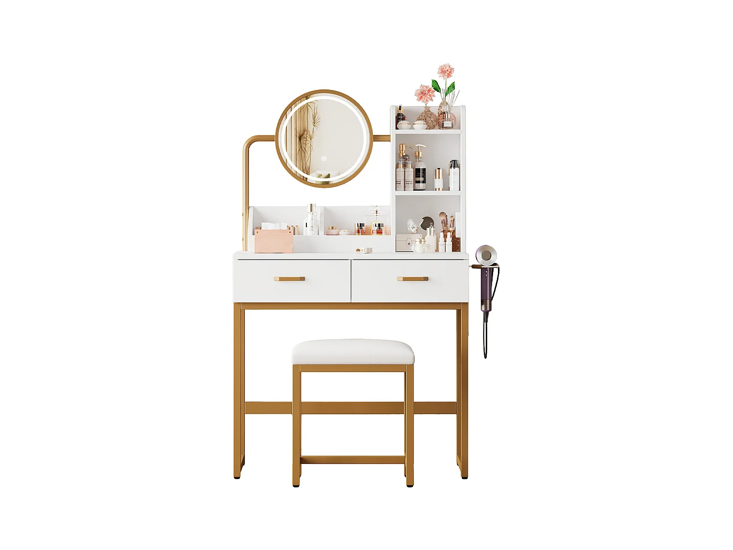 Meuble coiffeuse blanche avec 1 tabouret, 2 tiroirs et lumières LED Pieds en métal doré 80×40x138,5 cm