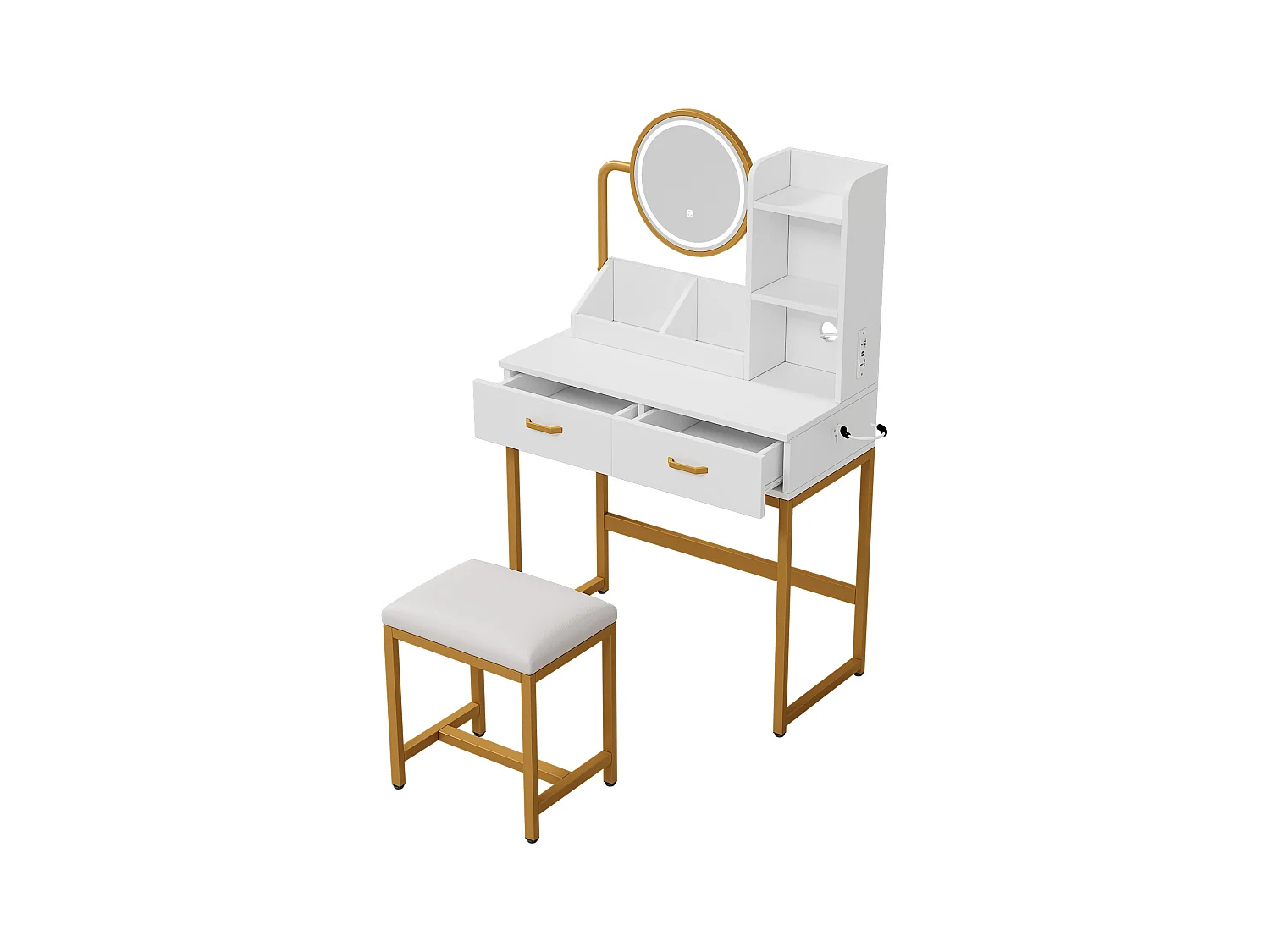 Meuble coiffeuse blanche avec 1 tabouret, 2 tiroirs et lumières LED Pieds en métal doré 80×40x138,5 cm