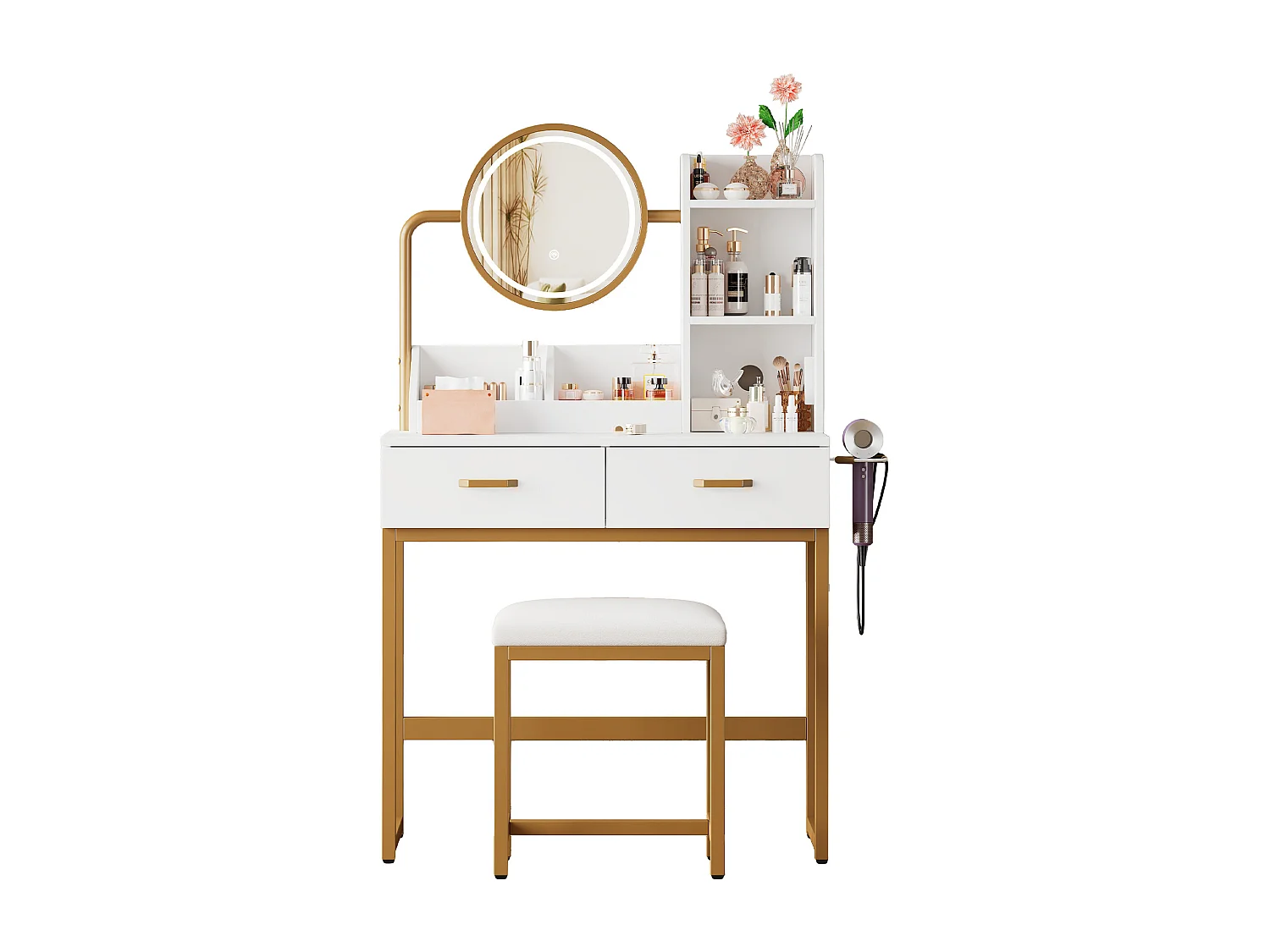 Meuble coiffeuse blanche avec 1 tabouret, 2 tiroirs et lumières LED Pieds en métal doré 80×40x138,5 cm