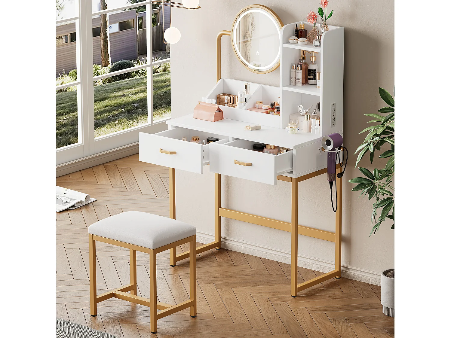 Meuble coiffeuse blanche avec 1 tabouret, 2 tiroirs et lumières LED Pieds en métal doré 80×40x138,5 cm