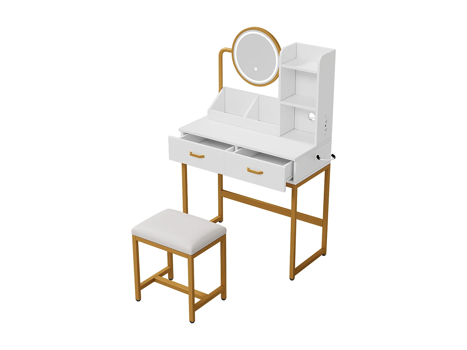 Meuble coiffeuse blanche avec 1 tabouret, 2 tiroirs et lumières LED Pieds en métal doré 80×40x138,5 cm