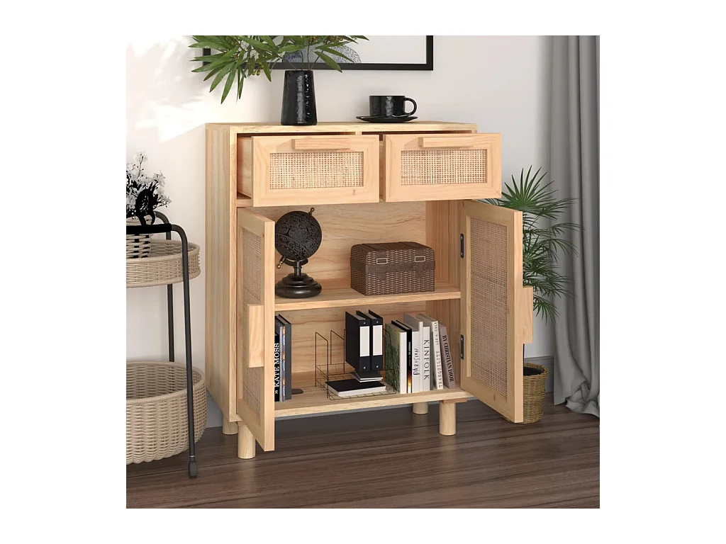 Buffet Marron 60x30x75 cm Bois de pin massif et rotin naturel