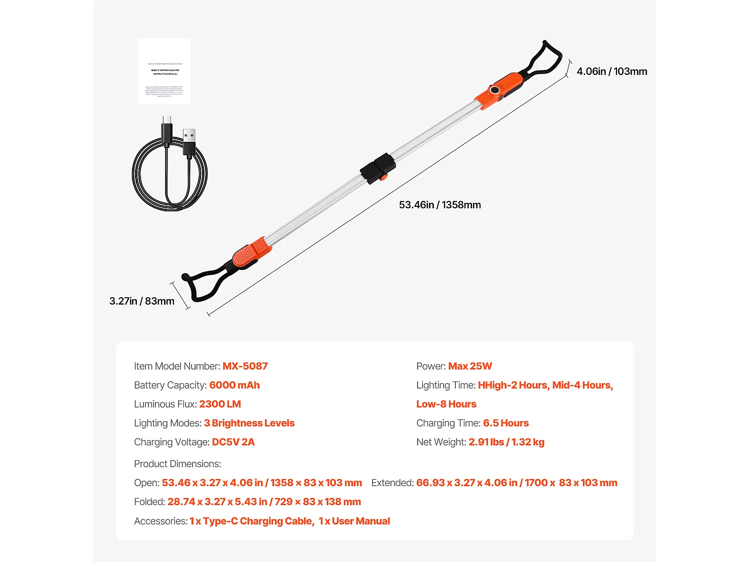 Lampe de Travail SucceBuy sous le Capot, 2300LM, 6000mAh LED, Barre Lumineuse Mécanique Portable sans Fil avec Crochets, pour Réparation de Voiture