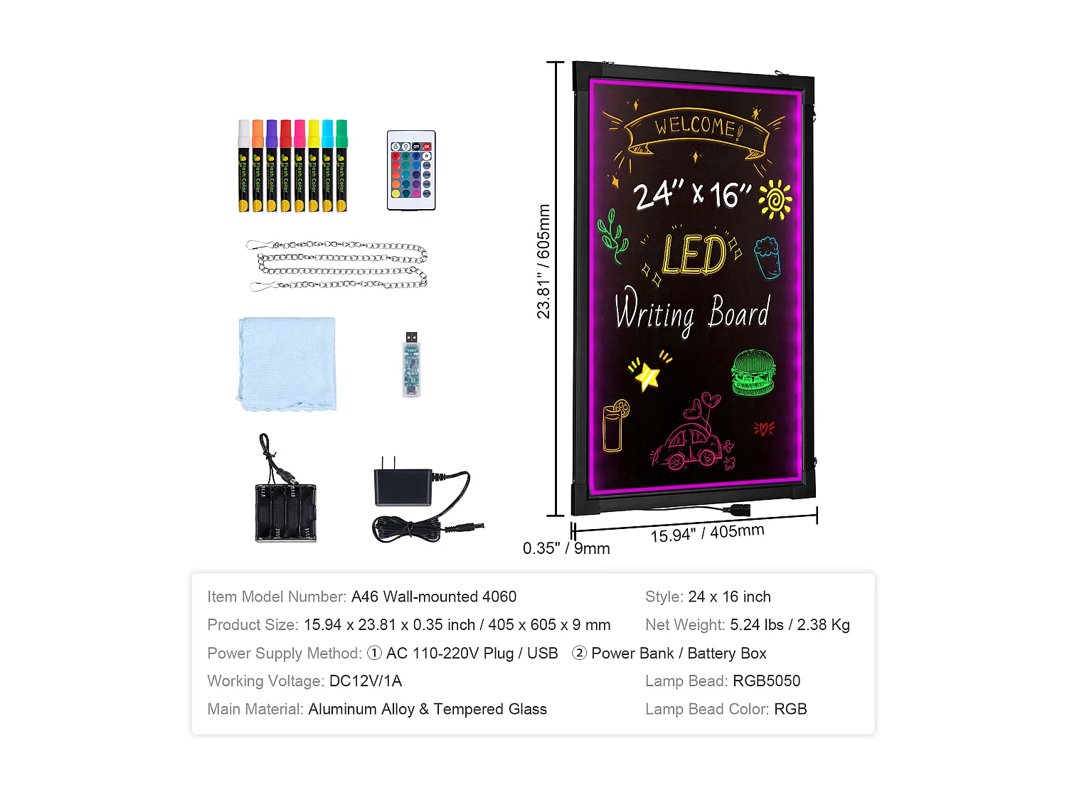 Tableau d’Écriture de Messages à LED SucceBuy 40,5 x 60,5 cm, avec Marqueurs et Télécommande, pour la Maison, la Boutique de Mariage