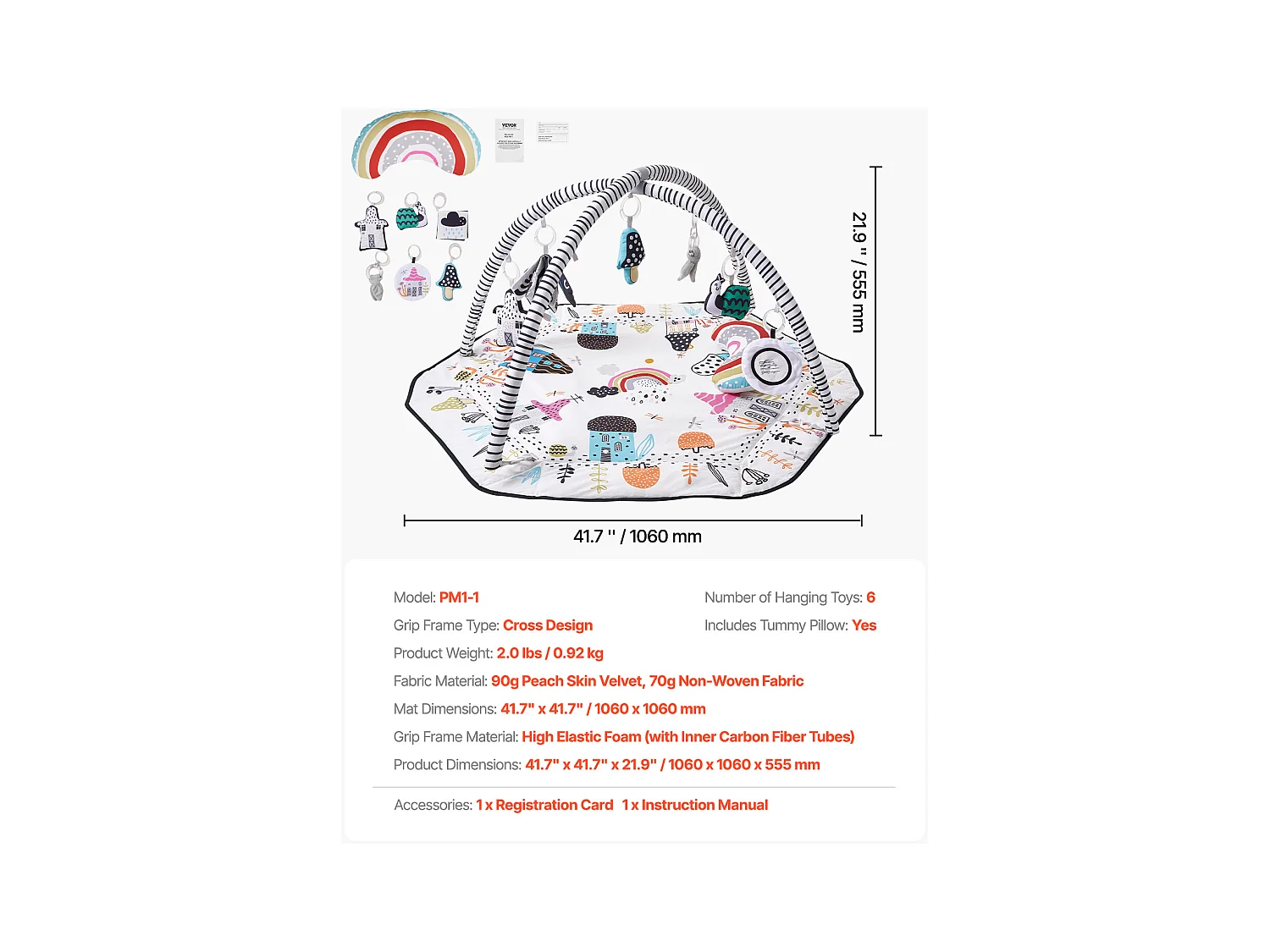 Tapis d'Éveil Bébé, SucceBuy Baby Play Gym Mat-Temps de Ventre avec 6 Jouets Sensoriels, 106 × 106 cm