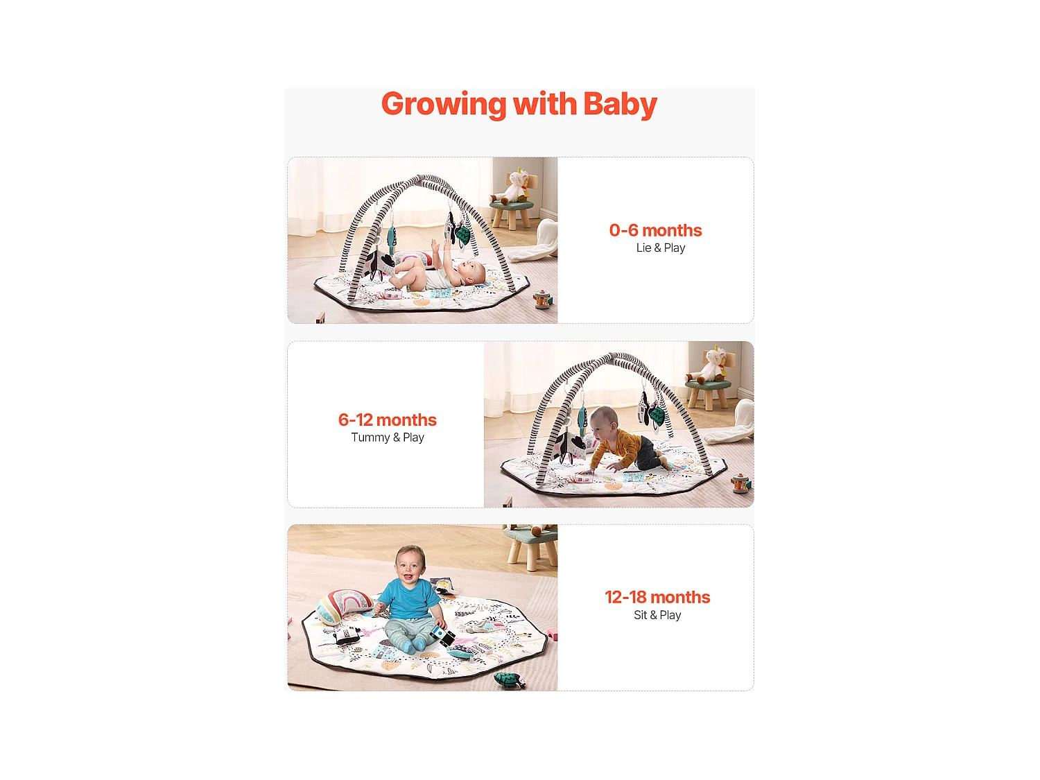 Tapis d'Éveil Bébé, SucceBuy Baby Play Gym Mat-Temps de Ventre avec 6 Jouets Sensoriels, 106 × 106 cm