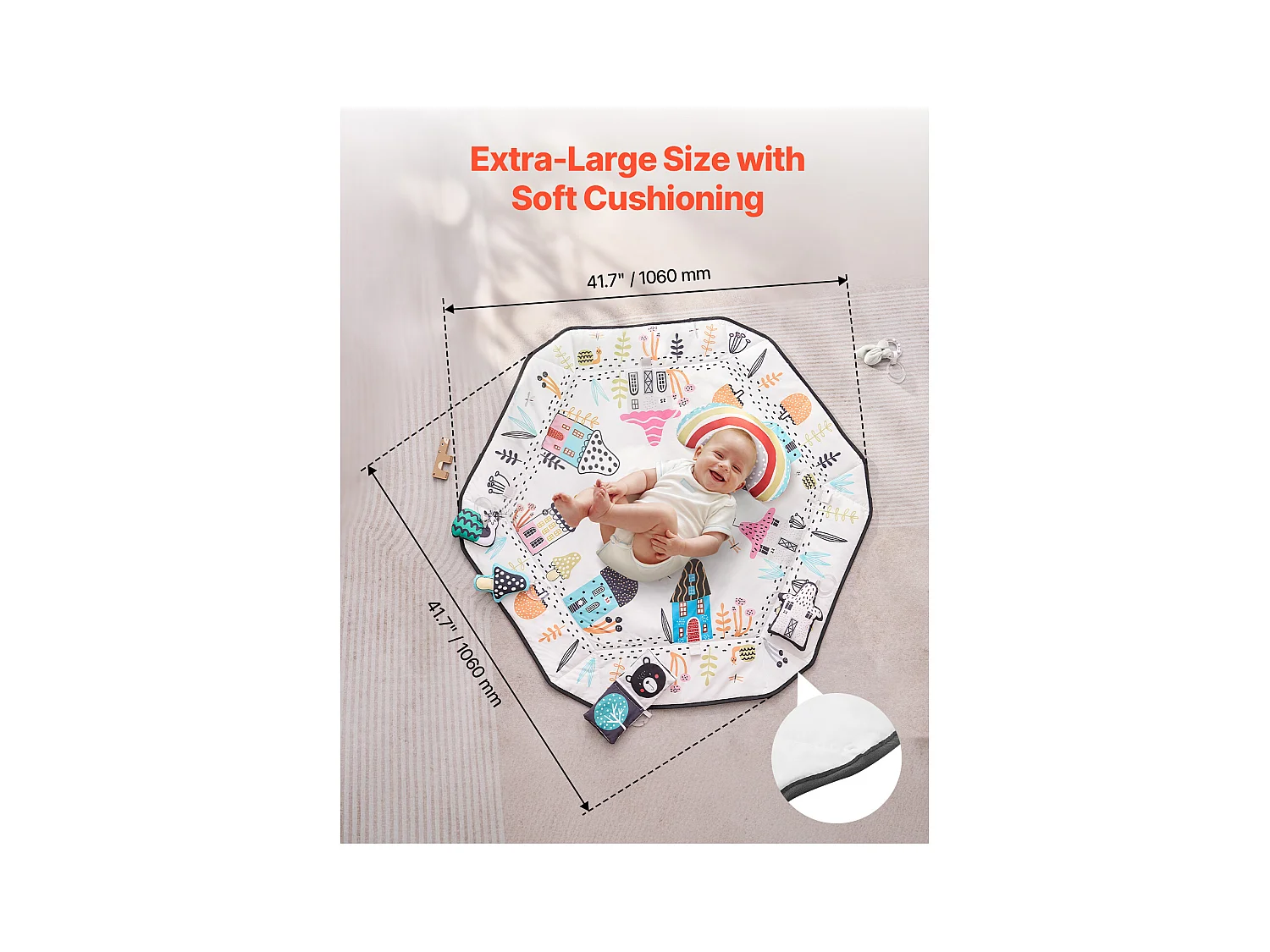 Tapis d'Éveil Bébé, SucceBuy Baby Play Gym Mat-Temps de Ventre avec 6 Jouets Sensoriels, 106 × 106 cm