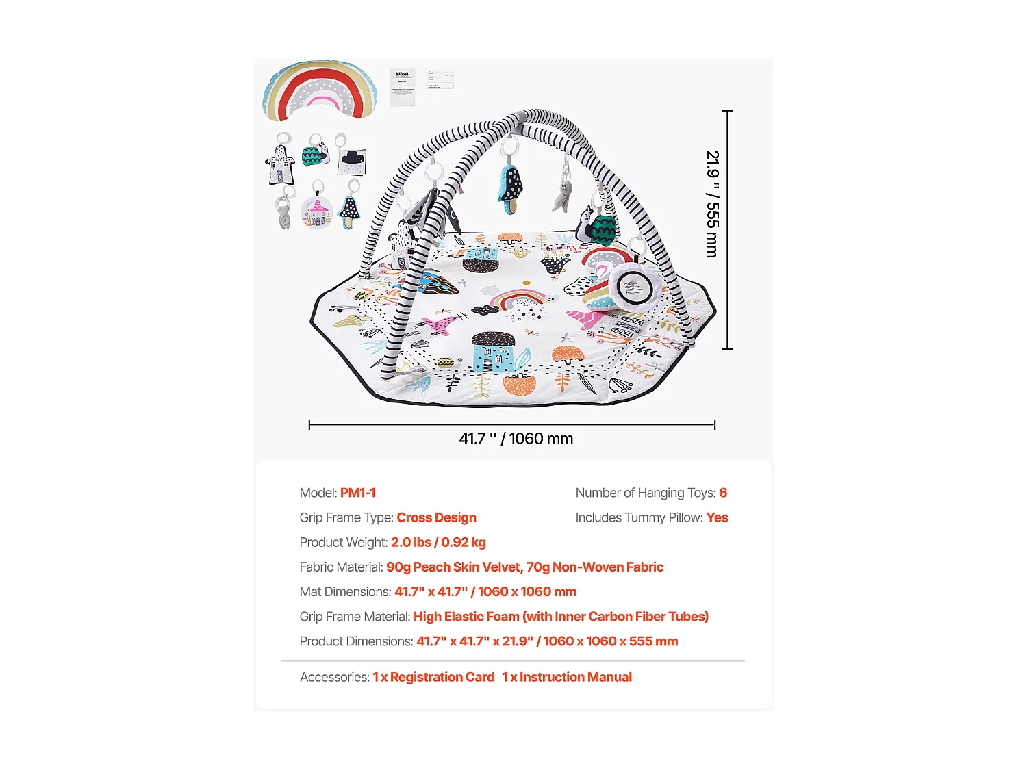 Tapis d'Éveil Bébé, SucceBuy Baby Play Gym Mat-Temps de Ventre avec 6 Jouets Sensoriels, 106 × 106 cm