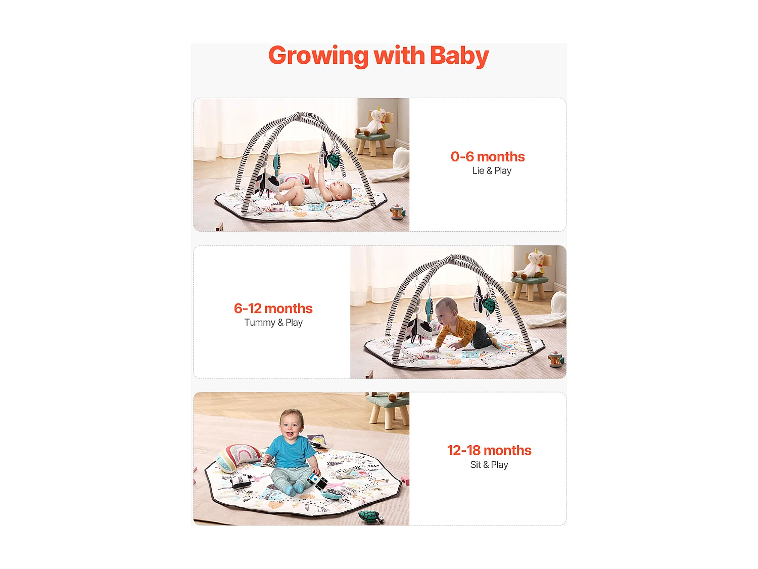 Tapis d'Éveil Bébé, SucceBuy Baby Play Gym Mat-Temps de Ventre avec 6 Jouets Sensoriels, 106 × 106 cm