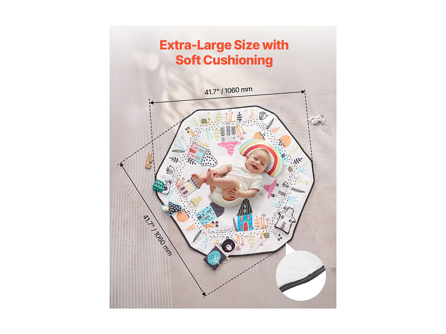 Tapis d'Éveil Bébé, SucceBuy Baby Play Gym Mat-Temps de Ventre avec 6 Jouets Sensoriels, 106 × 106 cm